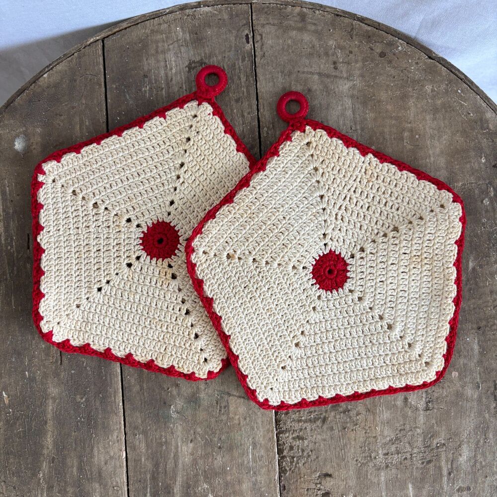 Vintage Handmade Crochet Potholders Pair Red Cream 8" Kitchen Decor